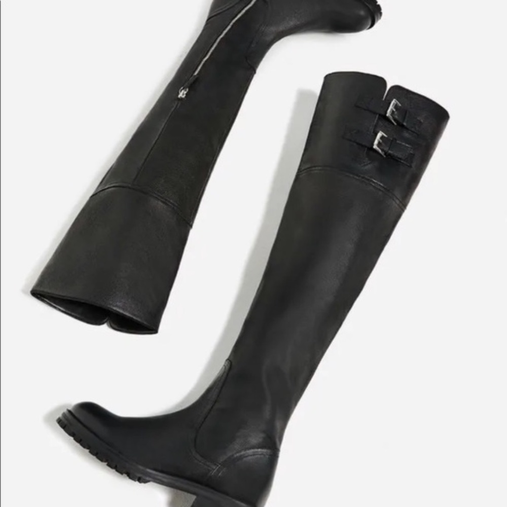 ZARA Leather 2 Buckle Over The Knee Lug Sole Tall Boots - Picture 2 of 13